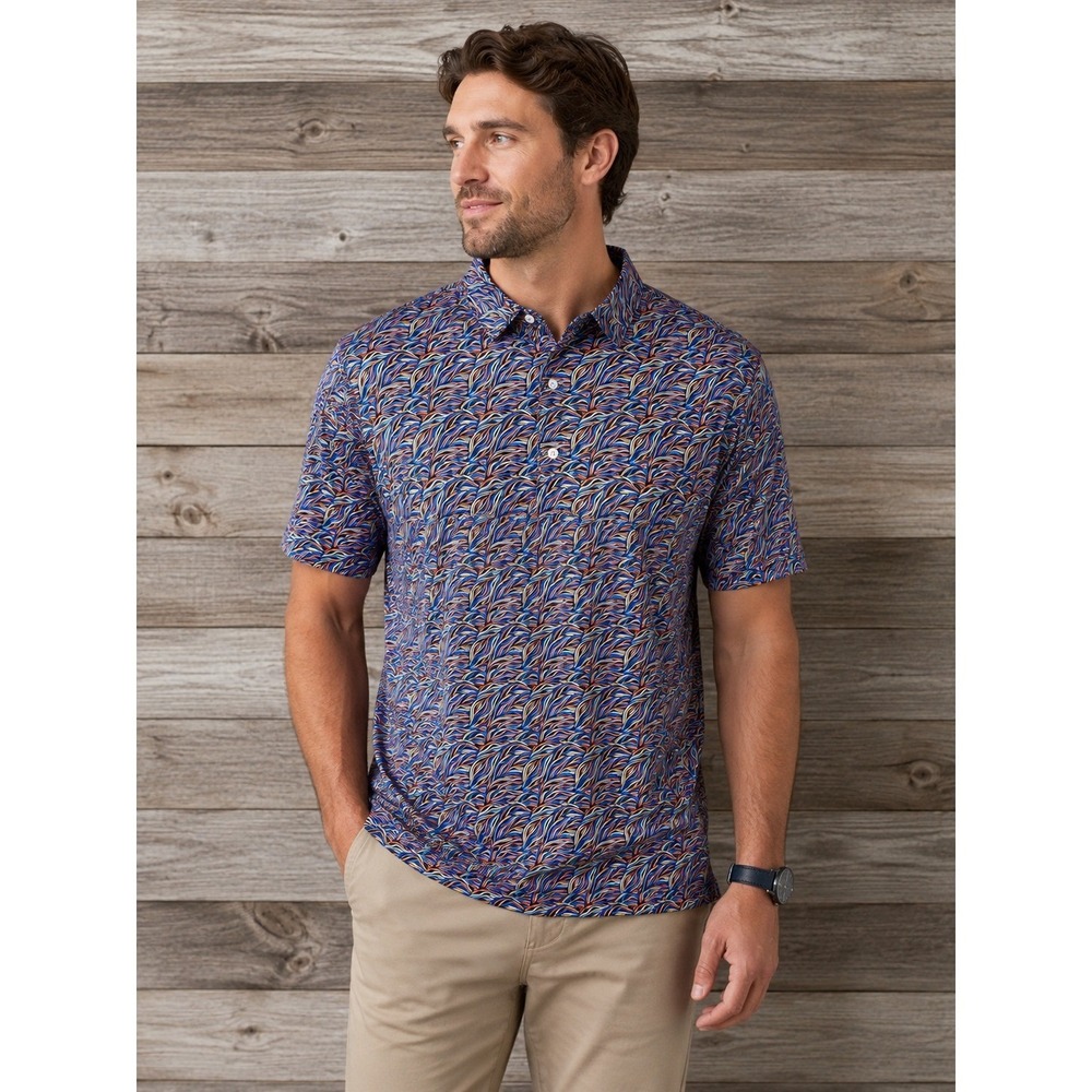 USA Palm Mens XL Performance Polo Shirt Abstract Wav Print Short Sleeve Blue Red